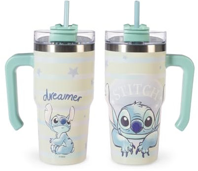 H&H Taza térmica con pajita Stitch Dreamer – Vaso térmico 0,6 l, acero inoxidable, aislamiento térmico de doble pared, reutilizable, antigoteo, ideal para la escuela, oficina, deportes y viajes