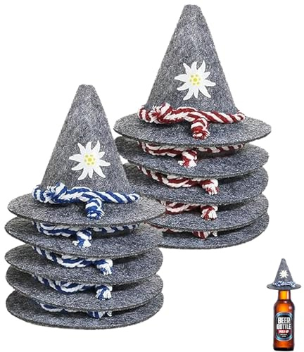 TAKONE Oktoberfest Deko 10er Set Mini Trachtenhut Filz Grau | 10er Set, Mini Filzhut, bayerische Deko, Tisch & Glas, wiederverwendbar