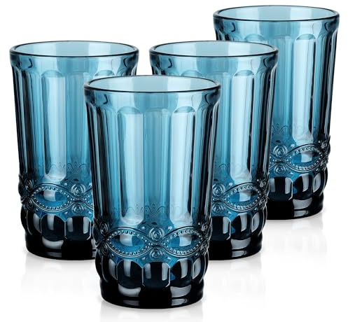 Joeyan 330ml azul Vasos de Cristal agua Vintage con Relieve,Juego de 4 | Vasos de Vidrio Grandes, Decoración Colores Cristalería para Refrescos,Café,Té,Zumo,Leche,Cócteles,Apto Lavavajillas