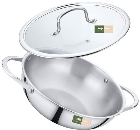 WG inc Stainless Steel Wok with Lid, All Clad Tri-ply Kadhai, 8.60 / 22 CM Pan for Stir-Frying, Stews, Sauces, Deep Saute, Triply Wok cookware, 1.6 litres, Trasparent Cover, Induction Compatible