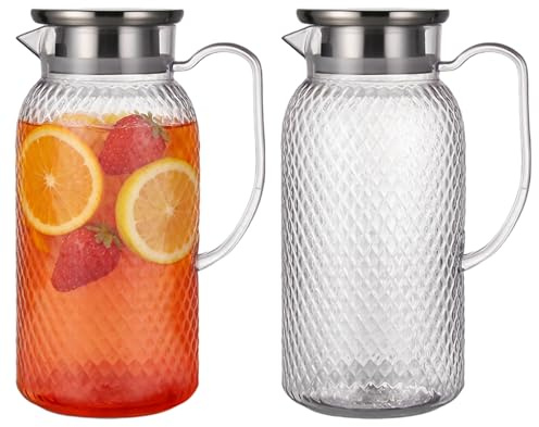 2 caraffa per succo da 1,8 l, in plastica con coperchio, infrangibile, resistente alle alte temperature, per frigorifero, latte, caffè, limonata