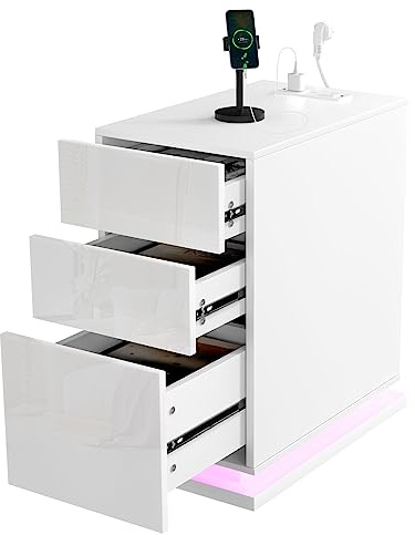 Supfine LED Nachttisch mit 3 Schubladen, Nachtkästchen Schmal mit Steckdosenleiste, 16 Farbwechsel, Fernbedienung, 53x30x62cm (Weiß, 1 Großes + 2 Kleine)