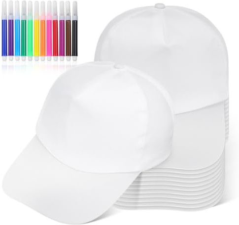 SHINEOFI 12 Baseballkappen zum Selbstbemalen mit Wasserfarbenstiften, Unbemalbare, Weiße Kinderkappen zum Bemalen für Camping, Outdoor-aktivitäten Und Kreatives Malen