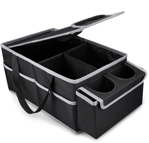 ABIDINA Car Seat Organiser, Foldable Storage Box with Lid & Handle, Black | Travel Accessory, Fits Front or Back Seat & Boot, Multi-Compartment Tidy Caddy, Removable Dividers, Water-Resistant Fabric