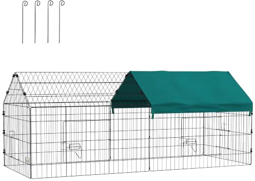 PawHut Freilaufgehege für den Außenbereich, 185 x 75 x 75 cm, Stahlstruktur mit 4 verschließbaren Türen und Schutz vor Sonnenblende, Dach, geeignet für Meerschweinchen, Schildkröten, Hühner, Nagetiere