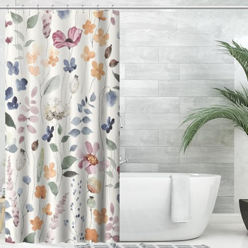 Amaredom Cortina de Ducha Floral con 8 Ganchos de Metal,120 x 200 cm | Cortina de Baño con Flores Coloridas, Tejido Impermeable Premium con 8 Ganchos Resistentes para Fácil Instalación