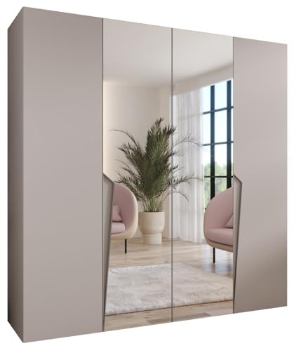 MEBLE KRYSPOL - Kleiderschrank - Garderobenschrank - 200 cm x 202 x 52 cm - Schrank mit Kleiderstange und Spiegel, 4 Türen - für Schlafzimmer, Flur - Piano, Kaschmir, Griff Kaschmir