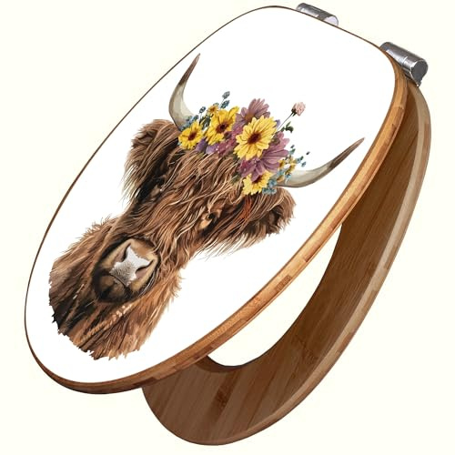 banjado Design WC Sitz Bambus Absenkautomatik 45,8x37,5cm - Toilettendeckel mit Absenkautomatik Holz - hochwertiger Bambus Klodeckel - WC-Sitz für gängigen Toiletten - Motiv Hochlandkuh mit Blumenkron