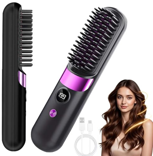Glättbürste Kabellos, Haarbürste Elektrisch Stylingbürste für Kurze Langes Haare Damen, Tragbare Bürste Glätten, Kabellose Glättbürste, für alle Haartypen, Reisen Täglichen Gebrauch