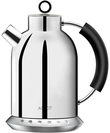 ASCOT Electric Kettle with 5 Variable Presets, Electric Tea Kettle & Coffee Kettle, 100% Stainless Steel Inner Lid & Bottom, 30mins Keep Warm, 2200 Watt Quick Heating, 1.5L (Silver)