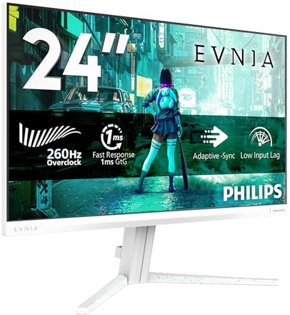 Philips Evnia Gaming Monitor 24M2N3201PL 24 Zoll FHD Monitor, 260Hz, Fast IPS Panel, 1ms GtG, Adaptive Sync, HDR10, G-Sync Compatible, (1920x1080 HDMI 1x 2.0 DP 1x 1.4) Weiß