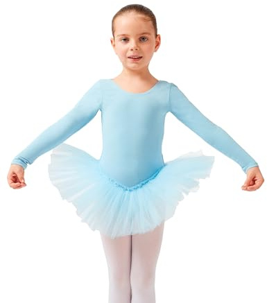 tanzmuster ® Ballettkleid Mädchen Langarm - Alea - (Größe 92-170) Tutu aus weicher Baumwolle Ballettbody Ballett Trikot in hellblau, Größe 92/98