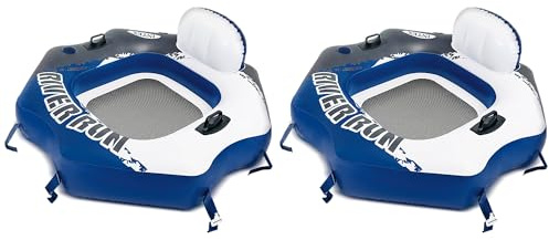 Intex 58854EP River Run Single Person Inflatable Connecting Lounge Tube Chair w/Mesh Bottom, Backrest, & Built in Cupholders, Blue (2 Pack)