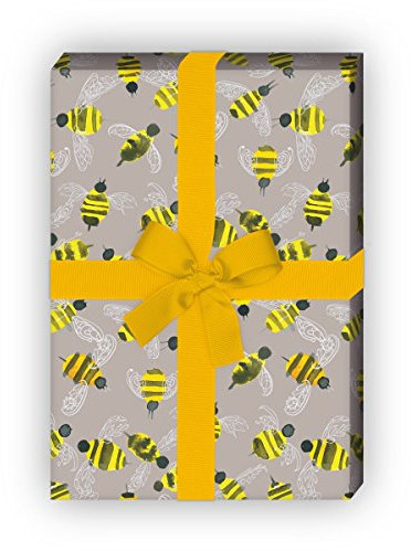 Kartenkaufrausch Handgemaltes Bienen Geschenkpapier Set 4 Bogen, Dekorpapier mit Fleißige und Honig Liebhaber, grau, für schöne Geschenk Verpackung, Musterpapier zum basteln 32 x 48cm