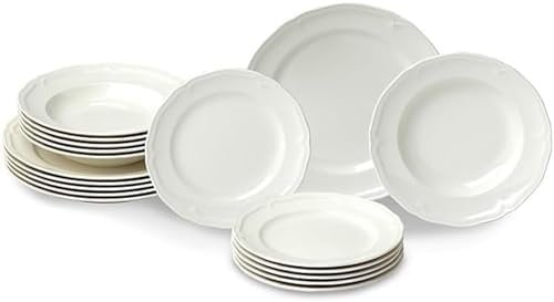 Villeroy & Boch Manoir Service de table 18 pièces, assiettes et bols, en porcelaine de qualité supérieure, fabriqué en Allemagne, passe au lave-vaisselle et au micro-ondes, blanc riche et crémeux