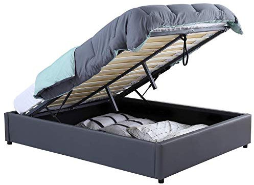 IDMarket - Lit Coffre Double Miami avec sommier 140 x 190 cm PVC Gris
