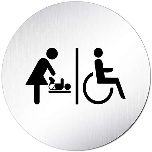 Kinekt3d Leitsysteme XXL Türschild • Ø 100 mm rund • Toilettenschild Wickelraum/behindertengerechte Toilette • aus Aluminium Vollmaterial • geschliffene Edelstahloptik • 100% Made in Germany