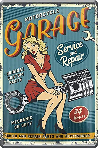 416 PinUp Girl Plaque décorative en tôle Motif moto et garage 20 x 30 cm