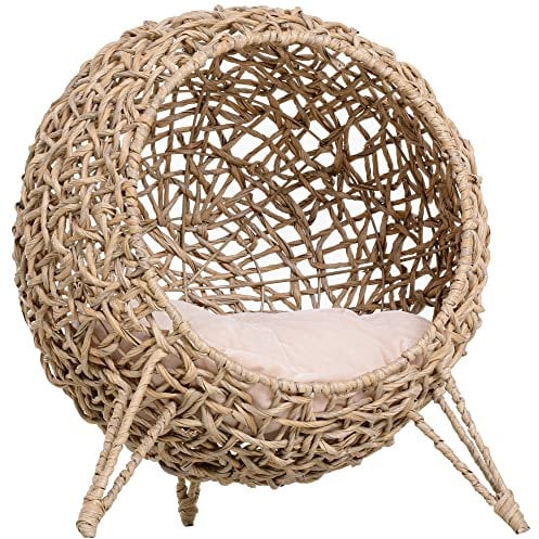 PawHut Wicker Cat House, Rattan Elevated Cat Bed with Three Tripod Legs, Ball-Shaped Cat Basket with Cushion - Natural Wood Finish