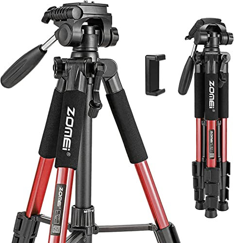 Camera Tripod, ZOMEI Q111 55-inch Smartphone Tripod Flexible Aluminum Travel Tripod with 3-Way Pan Head and Phone Holder, for Photography YouTube Smartphones Cameras and Ring Light (Red)