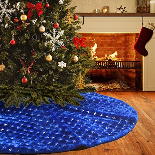 Deggodech 122cm Weihnachtsbaum Röcke Blau Plüsch Weihnachtsbaum Rock Matte mit Silber Kreuz Pailletten Weihnachtsbaumdecke Fell Christbaumständer Dekorationen Teppich (Blau, 122cm/48zoll)