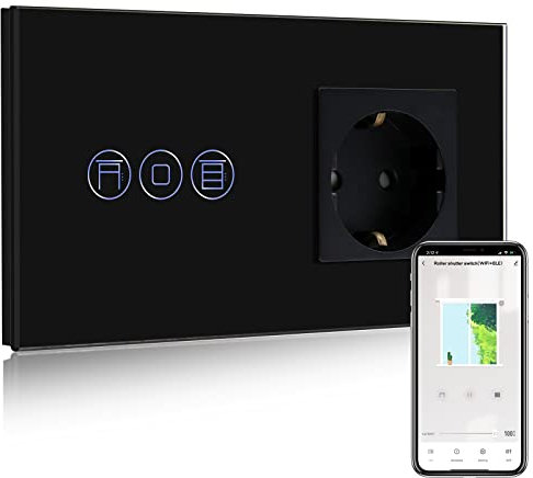 BSEED Normal Steckdose mit Smart Alexa Rolladenschalter, WIFI Rolladenschalter mit Steckdose Kompatibel mit Alexa,Google Home, Smart Jalousieschalter, Schuko Steckdose Schwarz(Nullleiter erforderlich)