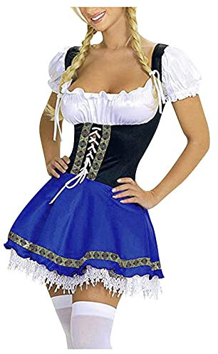 BUDAOWENG Robe Dirndl Set De Soirée Et Cocktail Courte Sexy Femme Chic Costume Bavarois Pour Oktoberfest Fete D'oktobre Carnaval Vintage Grande Taille Chambre Cosplay, Bleu, L