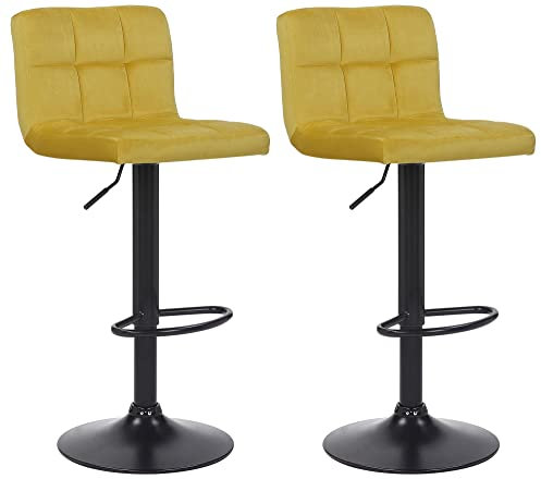 CLP 2er Set Barhocker Feni Samt, höhenverstellbar mit Fußstütze, Lehne & Metallgestell, belastbar bis 150 kg, Farbe:gelb