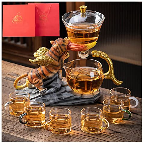 KISOARTWQ Service a The théière theiere avec infuseur Tasse thé theiere Porcelaine Tigre Forme résistant à la Chaleur 8 pièces Service à thé en Verre déviation d'eau magnétique couver