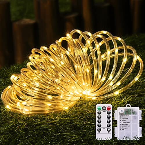 JMEXSUSS 100 LED Battery Operated Rope Lights Outdoor Waterproof, 33ft 8 Modes Battery Powered String Lights with Remote Outdoor for Trampoline Camping Tent Patio Garden Christmas Decor (Warm White)