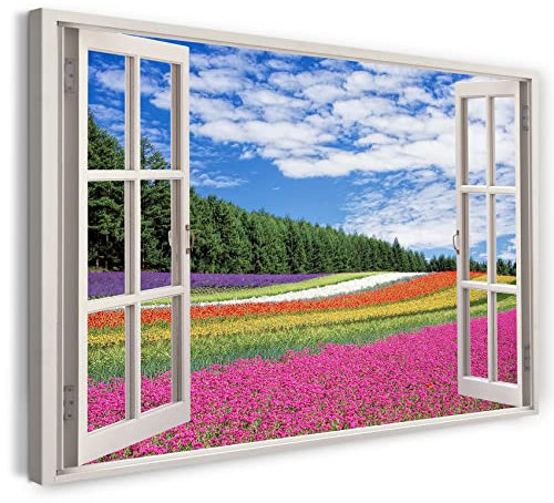 Printistico Bilder Fensterblick 100x70cm Baumwoll-Leinwand auf Keilrahmen mit Aufhänger moderner Kunstdruck XXL Wandbilder Wand-Dekoration Blumenwiese Wald Bunt Natur Landschaft - Natur-Fotografie
