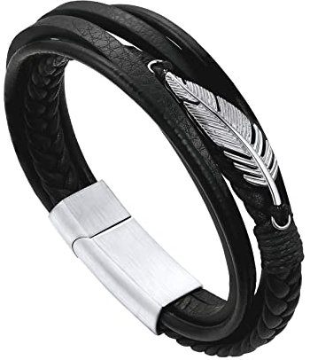 Bandmax Feder Flechtarmband Lederarmband für Männer Jungen Wickelarmband aus Mikrofaser-Leder Geflochtenes Armband Armspange Schickes Schmuckstück für Geburtstag Weinachten Länge 21CM