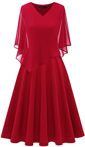 DRESSTELLS Vestido de Cóctel para Mujer con Capa de Gasa y Cuello en V Superpuesto, Vestido de Fiesta, Vestido de Invitada de Boda Rojo 2XL