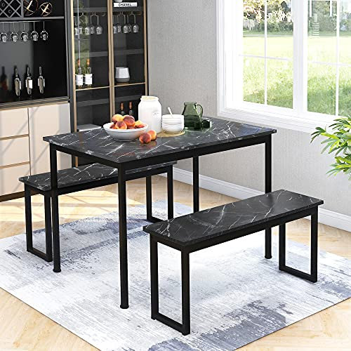 Merax 3-Piece Dining Sets,Table and Bench Set,Furniture Set for Home Kitchen Patio Outdoor Industrial Style Steel Frame And Imitation Marble Veneer 114 * 70 * 75cm Black