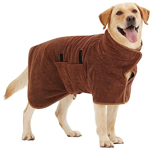 HezzLuv Bademantel für Hunde, Hundebademantel aus Mikrofaser für mittlere und große Hunde, super saugfähiger Haustier Trockenmantel, ganzjahres schnell trocknendes Hundehandtuch (Braun,S)