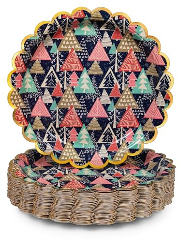 Christmas Paper Plates, 50-Piece Disposable Christmas Dinner Plates, Scalloped Gold, Party Supplies
