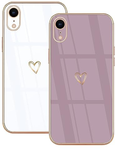 Lonrapa 2 Stück iPhone XR Handyhülle Süße Herz Muster Motiv Hülle für Mädchen Frauen Farbe Galvanisierte Weich TPU Bumper Silikon Stoßfest Schutzhülle iPhone xr Phone Case Cover - Weiß & Lila