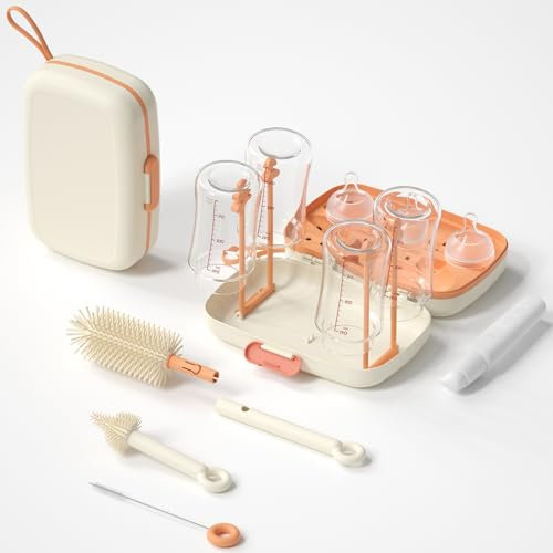 Suvast 7in1 Travel Bottle Cleaner kit,Baby Essentials, with Bottle Brush、Nipple Brush、Straw Cleaner Brush、Soap Dispenser、Bottle Drying Rack、Drainage Tray、Storage Box,Baby Travel Essential (White)