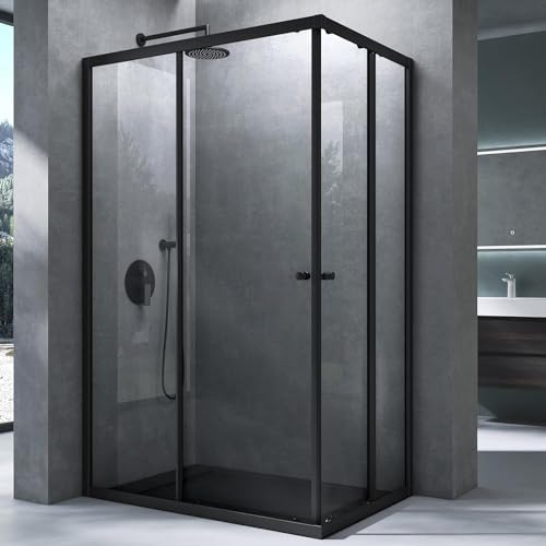 Mai & Mai Duschkabine mit Doppel-Schiebetür Duschtür 140x120cm | Eckeinstieg Duschabtrennung Echtglas 6mm ESG-Sicherheitsglas Ravenna16K Schwarz