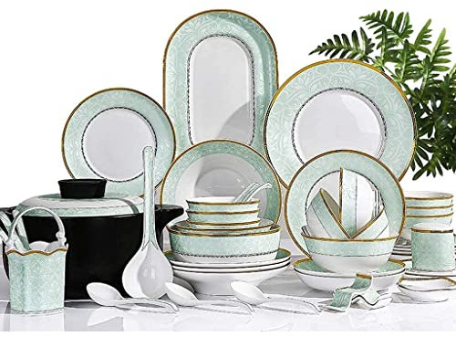 De vajilla de cerámica con 40 piezas, cuenco/plato/olla de sopa/cuchara | Vajilla de porcelana de hueso, sistema de combinación de porcelana con patrón de lago Baikal