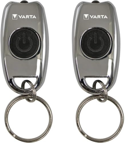 Varta Lampe Torche LED incl. 2x piles CR2016, Metal Key Chain Light, lampe de poche avec porte-clés, porte-clés ultra-compact, lampe à clé avec 2 modes d'éclairage (Lot de 2)
