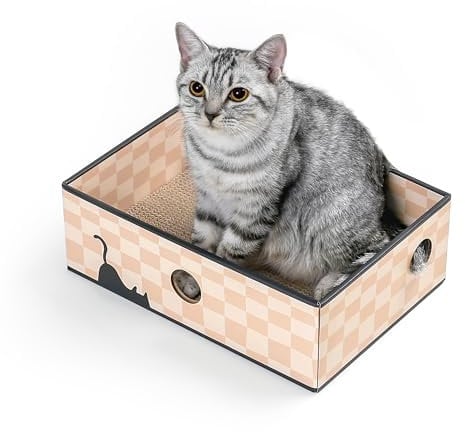 Conlun Kratzbrett Katze mit Box, Langlebige Kratzpappe für Katzen, Beidseitig Nutzbar, Interaktive Öffnungen, Sauberes Kratzmöbel für Wohnungskatzen (1 Stück, Mittel, Schachbrett)