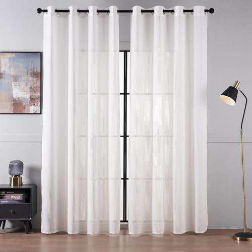 Topfinel Voile Gardinen Vorhang Weiß Halbtransparent Gardienen mit Ösen 2er Set 140x260 cm Gardinen mit Kräuselband für Wohnzimmer Schlafzimmer Fenster Küche