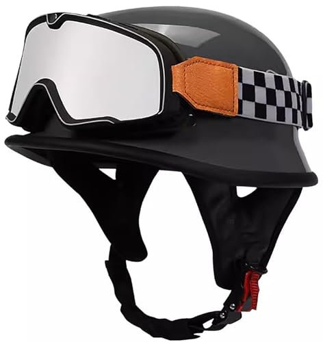 Tedesco Casco A Faccia Aperta Retrò, Mezzo Casco Moto Vintage, Open-Face Caschi Jet Vintage DOT/ECE Approved Mezzo Casco Moto Uomo Donna, Jet Caschi Casco A Scodella Motorino 7,L=59-60CM