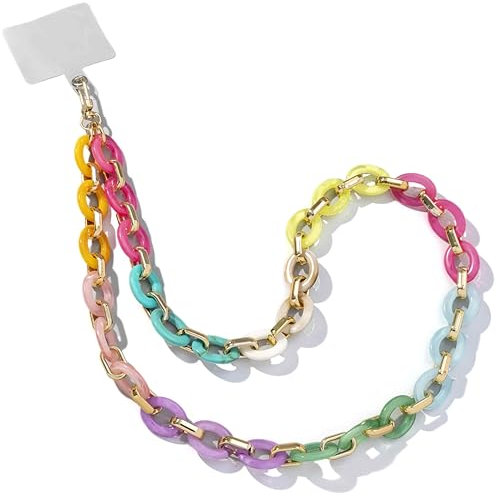 PEVRUAY Universale Handykette, Handykette Perlen Bunt kompatibel mit meisten Smartphones Necklace- Kette zum umhängen in Rainbow,Mit transparentem Clip