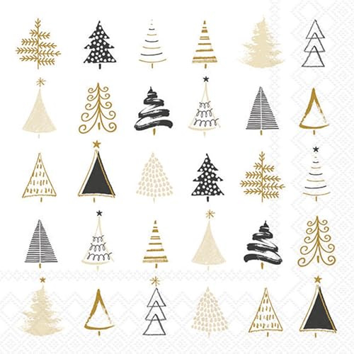 20 Servietten Winter Moderne Baumformen schwarz-gold als Tischdeko. Papierservietten mit Motiv. Auch für Decoupage und Serviettentechnik 33x33cm