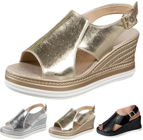 Conquerory Sandali Ortopedici Rosa, Comode Scarpe Ortopediche Con Supporto Dell'arco Per Donna, Sandali Con Piattaforma Zeppa E Fibbie Alla Caviglia, gold, 38 EU