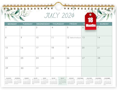 18-Monatskalender 2024 uk, A4 Wandkalender 2024/25, Monatskalender 2024 UK Familienplaner Monatsansicht von Juli 2024 - Dez.2025, Kalender 2024 für Büro Küche - Doppeltes grünes Blatt