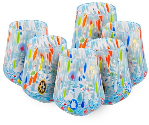MurArt Bicchieri di Murano Set da 6 bicchieri da 300ml in vetro soffiato a mano in lavorazione artigianale Made in Italy B8 (Azzurro, Bicchieri Acqua 6pz)
