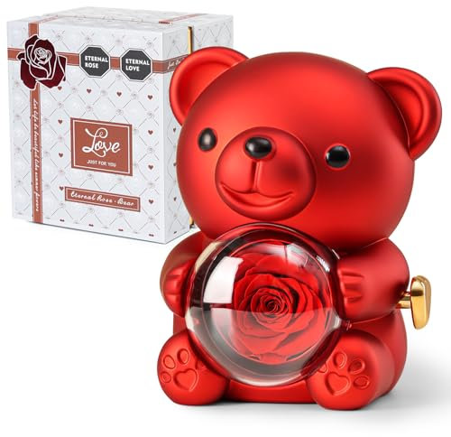 Ariceleo RedTeddy Bear with Preserved Rose, Real Rose Flower in Bear, Elegant Gift Box, Heart-Shaped Necklace, Unique Gift for Valentine's Day, Mother's Day, Wedding, Anniversary, Bridal Showers